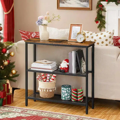 Tavolino Consolle Stretto 29.5, Tavolino d'Ingresso a 3 Livelli Marrone Rustico e Nero, Tavolino Laterale Sottile per Divano, per Ingresso, Soggiorno, Camera da Letto