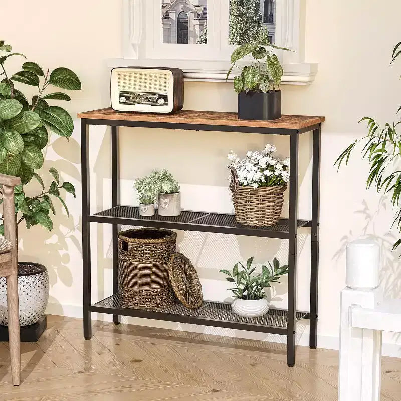 29.5 Narrow Console Table, 3-Tier Rustic Brown & Black Entryway Table, Thin Sofa Side Display Table for Hallway Entrance Living Room Bedroom