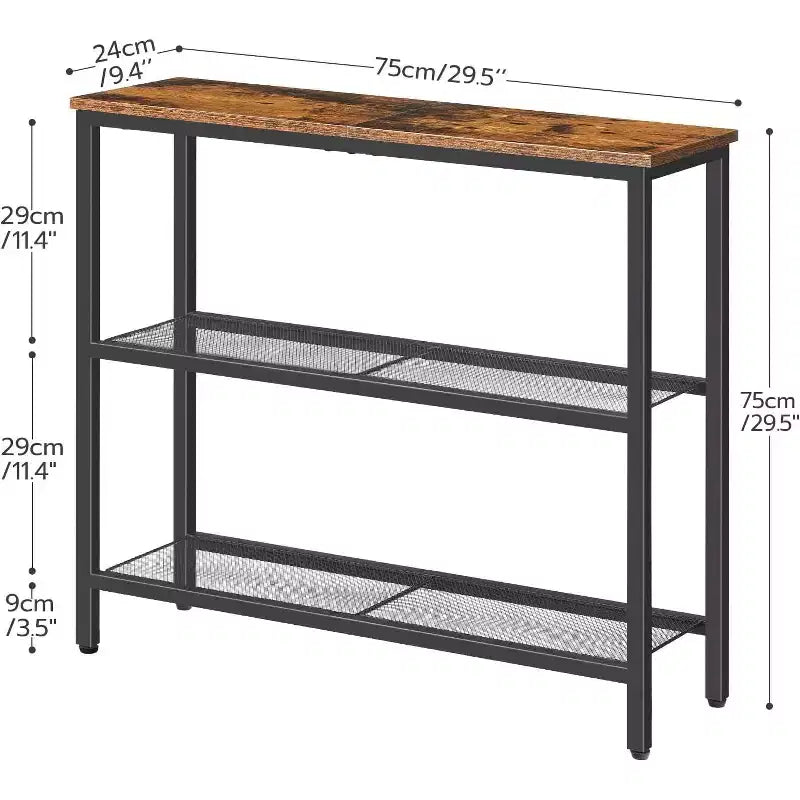 29.5 Narrow Console Table, 3-Tier Rustic Brown & Black Entryway Table, Thin Sofa Side Display Table for Hallway Entrance Living Room Bedroom