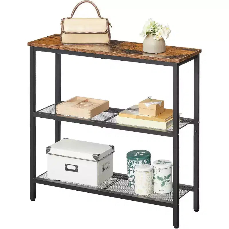29.5 Narrow Console Table, 3-Tier Rustic Brown & Black Entryway Table, Thin Sofa Side Display Table for Hallway Entrance Living Room Bedroom