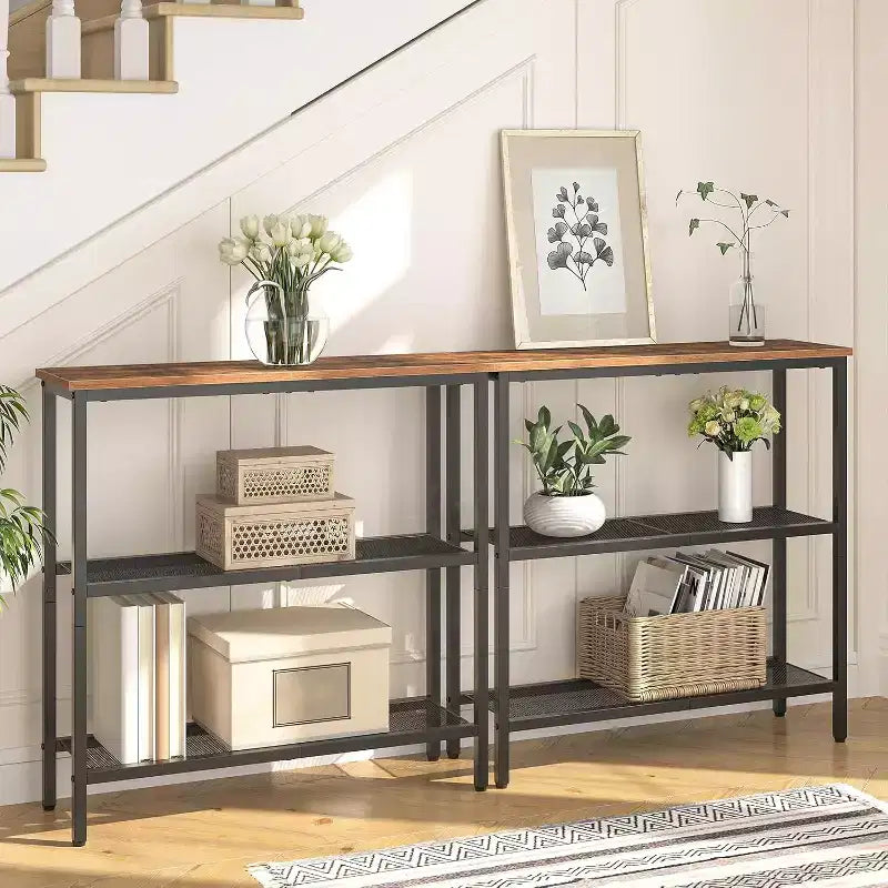 29.5 Narrow Console Table, 3-Tier Rustic Brown & Black Entryway Table, Thin Sofa Side Display Table for Hallway Entrance Living Room Bedroom