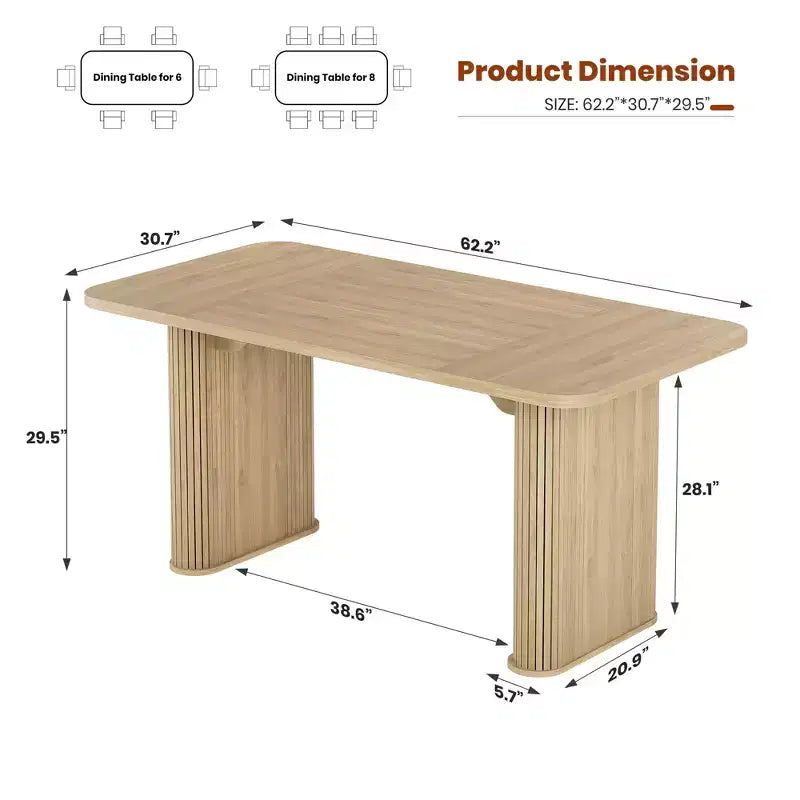 62 Dining Table for 6-8, Rectangle Wooden Kitchen Table with Double Robust Pedestal, Sturdy Dinner Table for Dining Room, Kitchen & Living Area