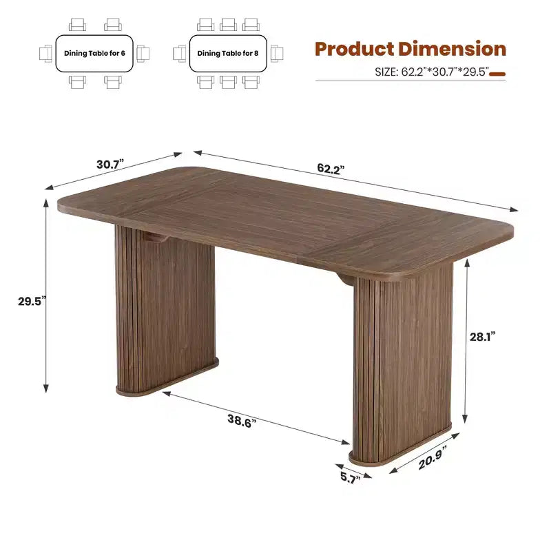 62 Dining Table for 6-8, Rectangle Wooden Kitchen Table with Double Robust Pedestal, Sturdy Dinner Table for Dining Room, Kitchen & Living Area