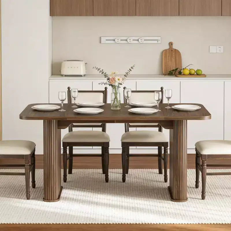 62 Dining Table for 6-8, Rectangle Wooden Kitchen Table with Double Robust Pedestal, Sturdy Dinner Table for Dining Room, Kitchen & Living Area