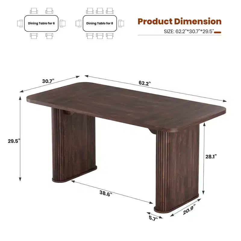 62 Dining Table for 6-8, Rectangle Wooden Kitchen Table with Double Robust Pedestal, Sturdy Dinner Table for Dining Room, Kitchen & Living Area