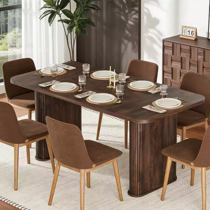 62 Dining Table for 6-8, Rectangle Wooden Kitchen Table with Double Robust Pedestal, Sturdy Dinner Table for Dining Room, Kitchen & Living Area