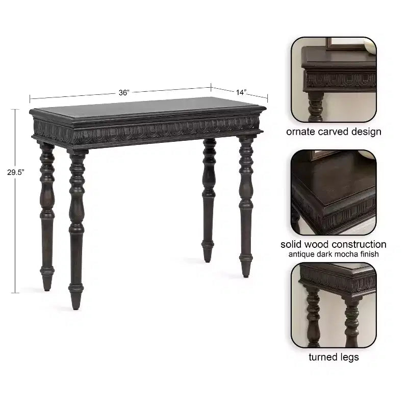 Carved Wood Console Table, 36x14x30, Dark Brown