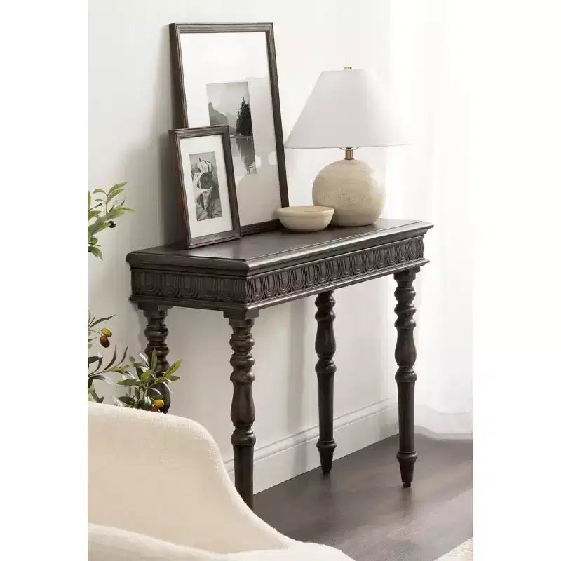 Carved Wood Console Table, 36x14x30, Dark Brown