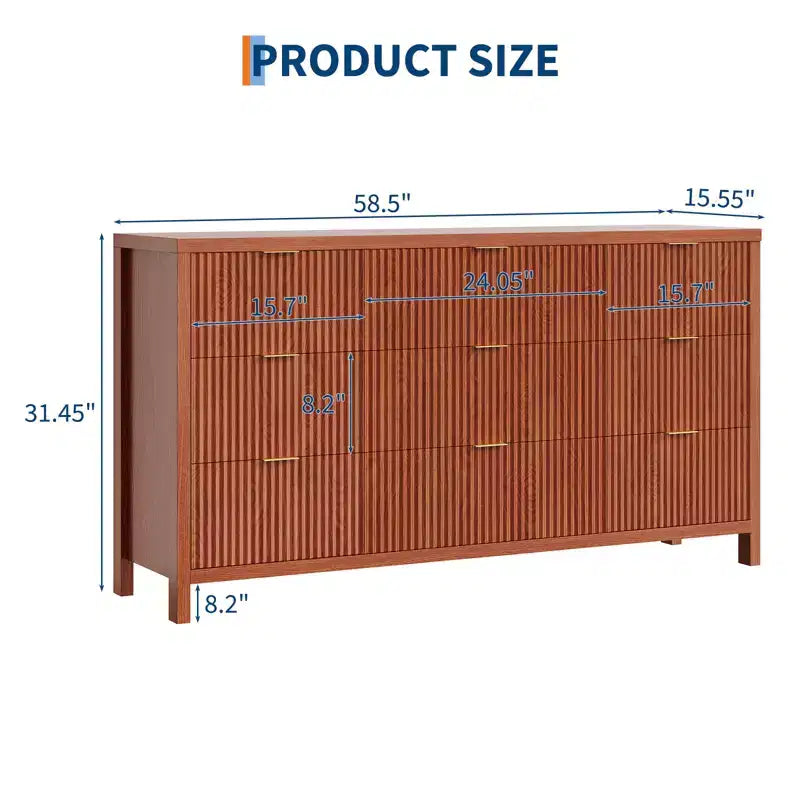 Farmhouse 9 Drawer Dressers for Bedroom, Slim Wood Chest of Drawers, Mid Century Modern Fluted Dresser Storage Organizer for Closet Living Room
