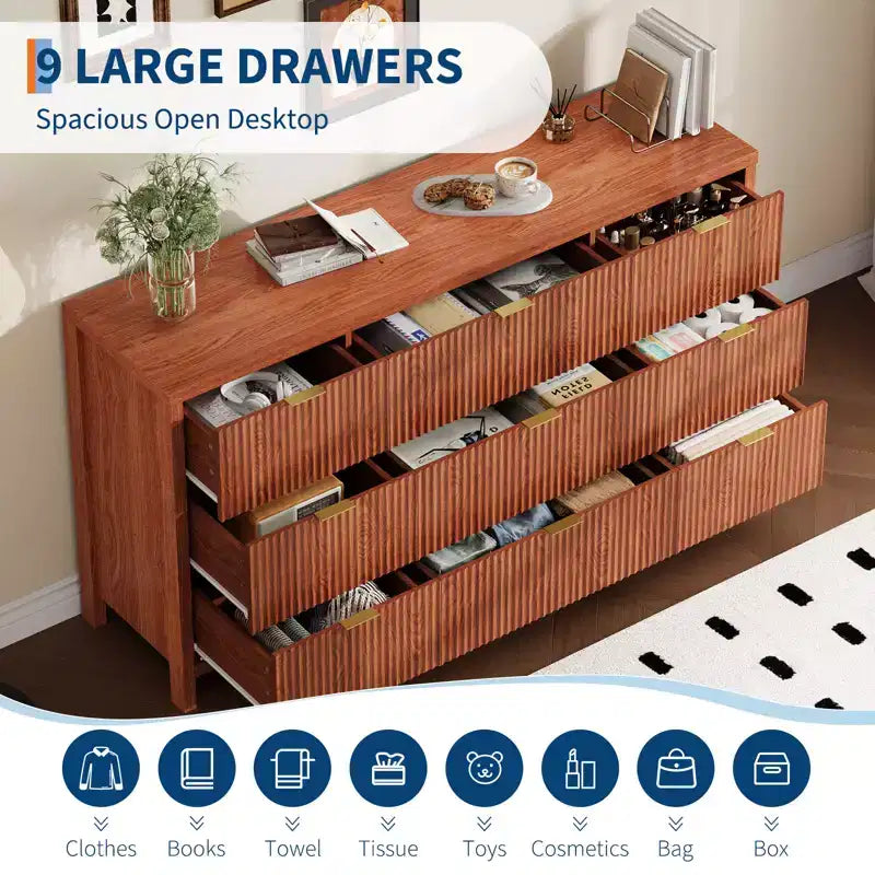 Farmhouse 9 Drawer Dressers for Bedroom, Slim Wood Chest of Drawers, Mid Century Modern Fluted Dresser Storage Organizer for Closet Living Room