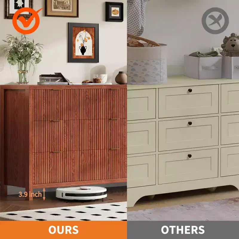 Farmhouse 9 Drawer Dressers for Bedroom, Slim Wood Chest of Drawers, Mid Century Modern Fluted Dresser Storage Organizer for Closet Living Room