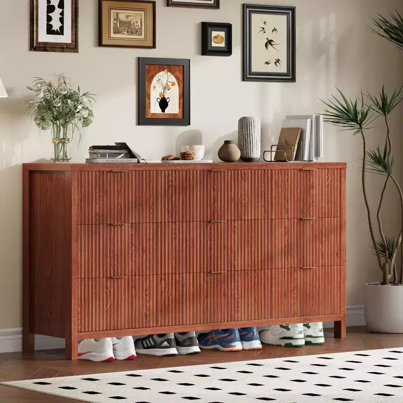 Farmhouse 9 Drawer Dressers for Bedroom, Slim Wood Chest of Drawers, Mid Century Modern Fluted Dresser Storage Organizer for Closet Living Room