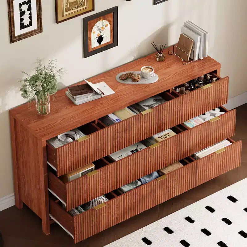 Farmhouse 9 Drawer Dressers for Bedroom, Slim Wood Chest of Drawers, Mid Century Modern Fluted Dresser Storage Organizer for Closet Living Room