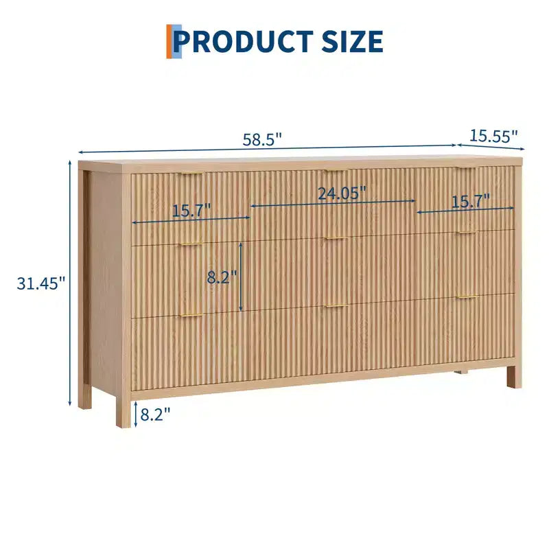 Farmhouse 9 Drawer Dressers for Bedroom, Slim Wood Chest of Drawers, Mid Century Modern Fluted Dresser Storage Organizer for Closet Living Room