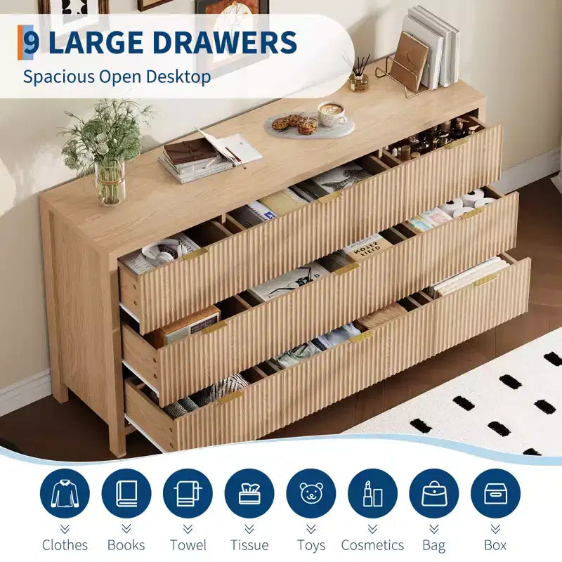 Farmhouse 9 Drawer Dressers for Bedroom, Slim Wood Chest of Drawers, Mid Century Modern Fluted Dresser Storage Organizer for Closet Living Room