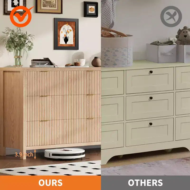 Farmhouse 9 Drawer Dressers for Bedroom, Slim Wood Chest of Drawers, Mid Century Modern Fluted Dresser Storage Organizer for Closet Living Room