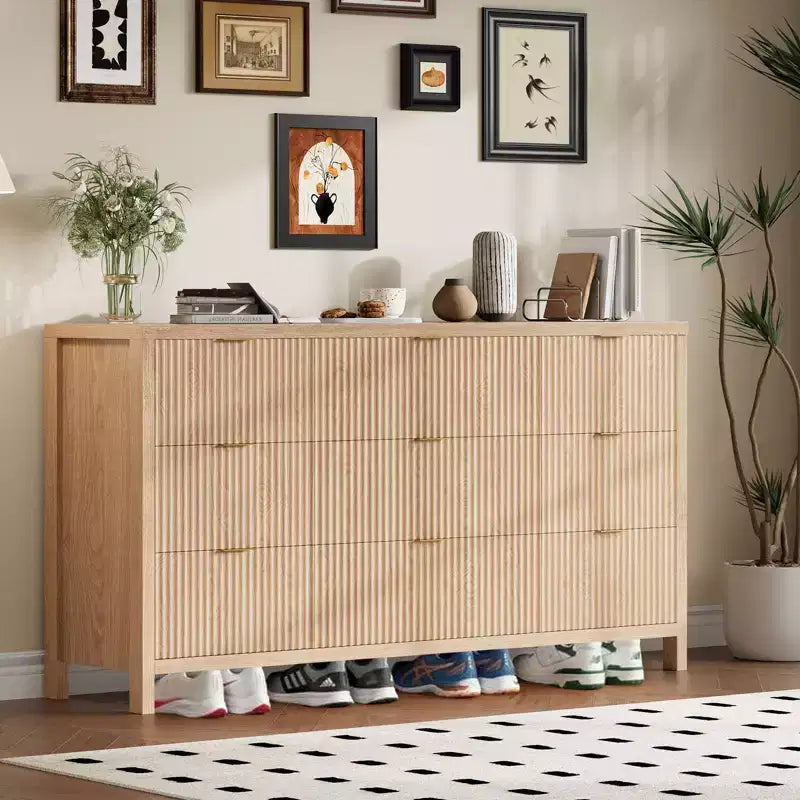Farmhouse 9 Drawer Dressers for Bedroom, Slim Wood Chest of Drawers, Mid Century Modern Fluted Dresser Storage Organizer for Closet Living Room