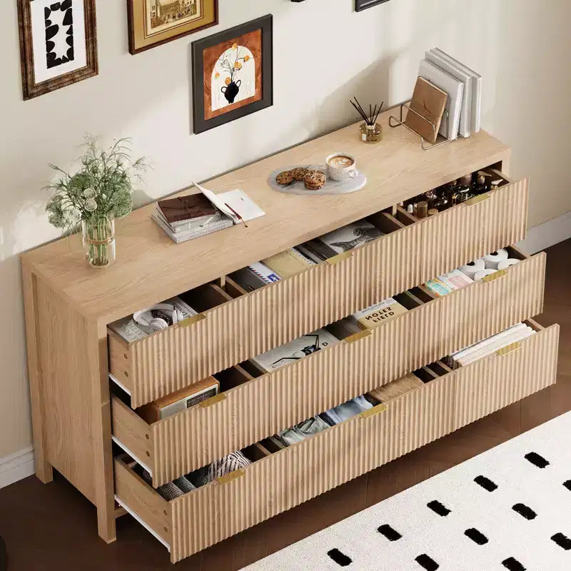 Farmhouse 9 Drawer Dressers for Bedroom, Slim Wood Chest of Drawers, Mid Century Modern Fluted Dresser Storage Organizer for Closet Living Room
