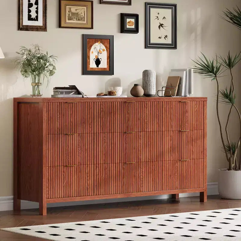 Farmhouse 9 Drawer Dressers for Bedroom, Slim Wood Chest of Drawers, Mid Century Modern Fluted Dresser Storage Organizer for Closet Living Room