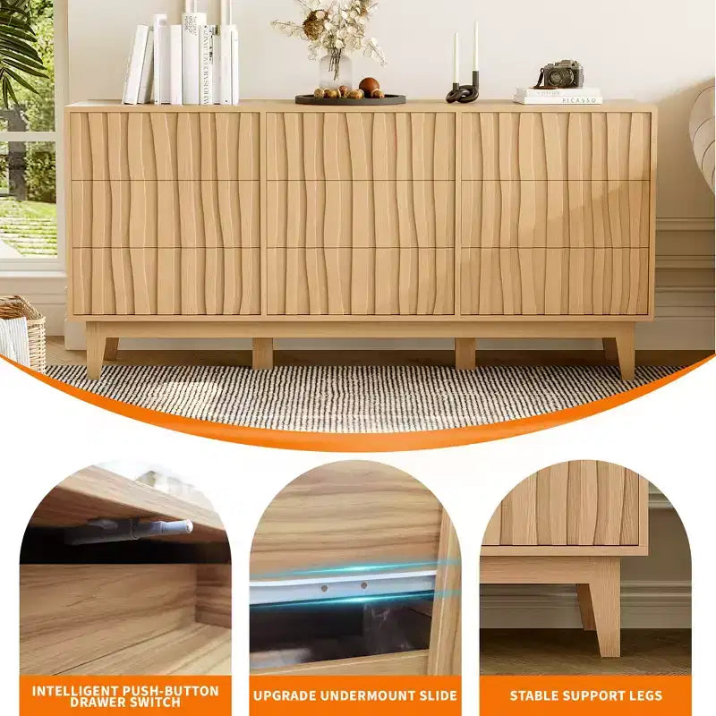 Fluted Dresser for Bedroom with 9 Drawers for Bedroom, Modern Fluted Chest of Drawers, Freestanding Wooden Storage Cabinet, TV Stand for Living Room