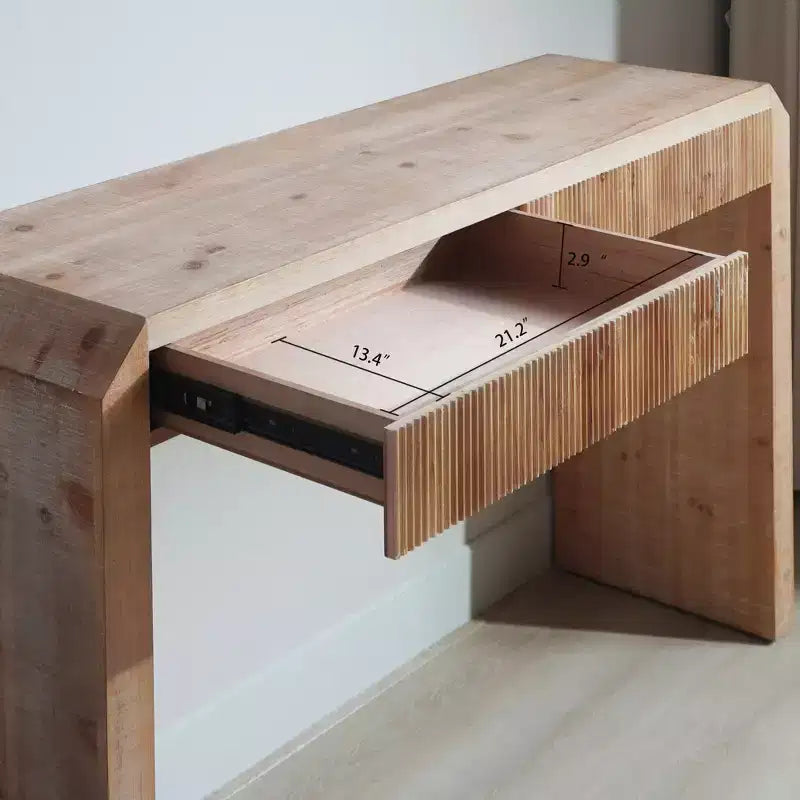 52 Wood Console Table with Drawer and Ribbed Detail, Natural Finish