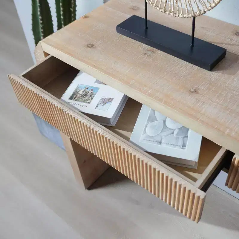 52 Wood Console Table with Drawer and Ribbed Detail, Natural Finish