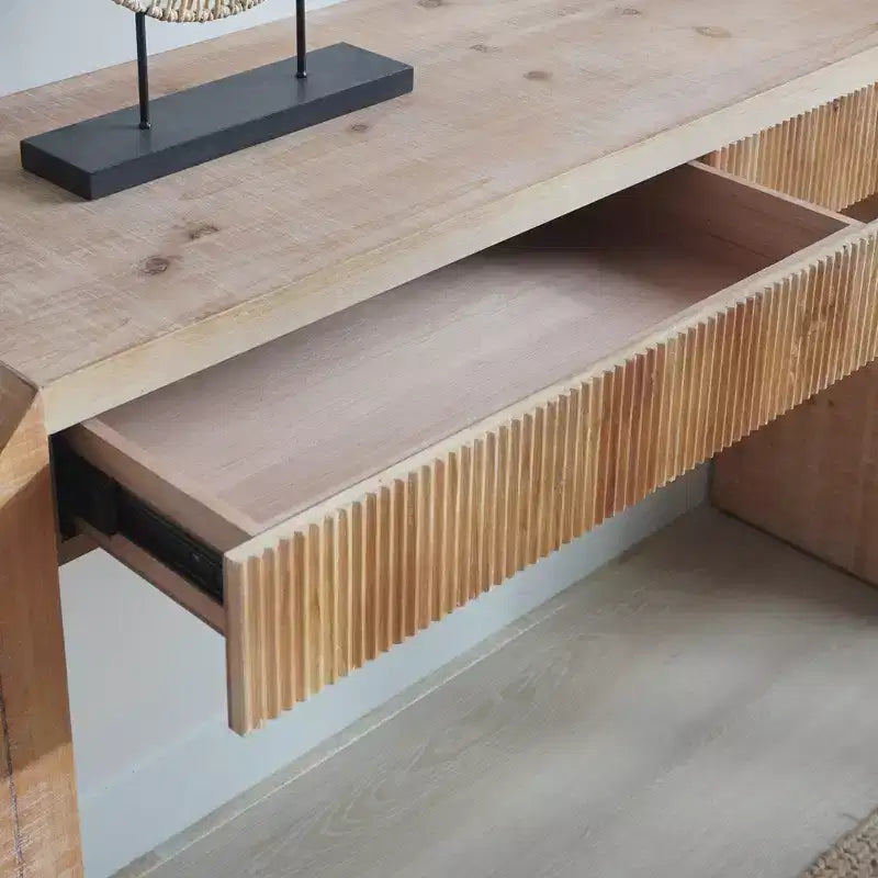 52 Wood Console Table with Drawer and Ribbed Detail, Natural Finish