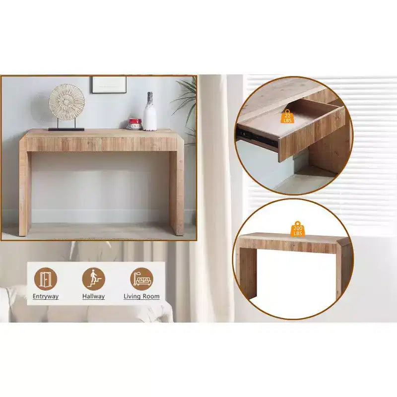 52 Wood Console Table with Drawer and Ribbed Detail, Natural Finish