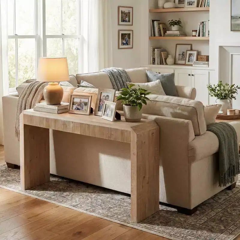 52 Wood Console Table with Drawer and Ribbed Detail, Natural Finish