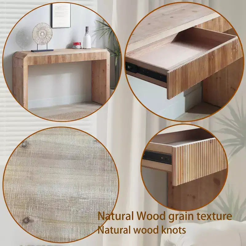 52 Wood Console Table with Drawer and Ribbed Detail, Natural Finish