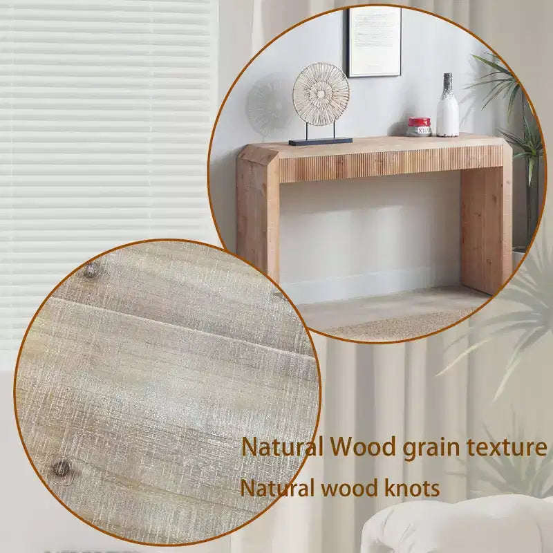 52 Wood Console Table with Drawer and Ribbed Detail, Natural Finish