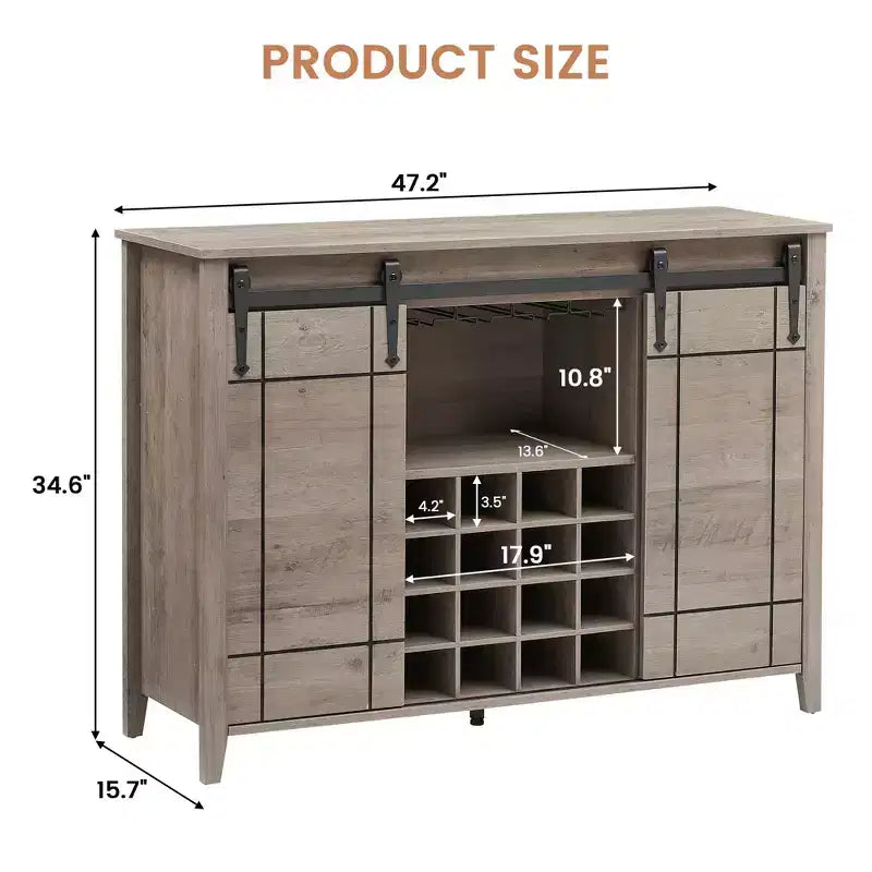 Farmhouse Sliding Barn Door Bar Cabinet with Wine & Glass Storage - 47 Sideboard Buffet & Coffee Station