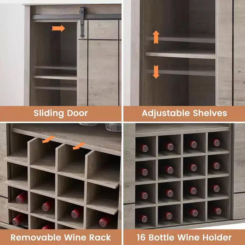 Farmhouse Sliding Barn Door Bar Cabinet with Wine & Glass Storage - 47 Sideboard Buffet & Coffee Station