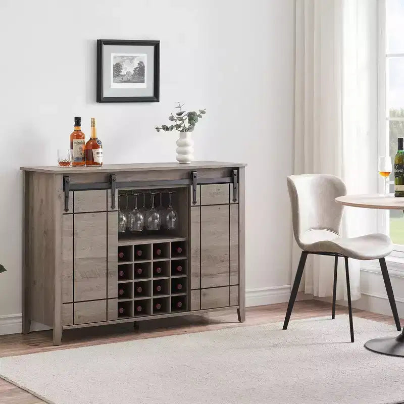 Farmhouse Sliding Barn Door Bar Cabinet with Wine & Glass Storage - 47 Sideboard Buffet & Coffee Station