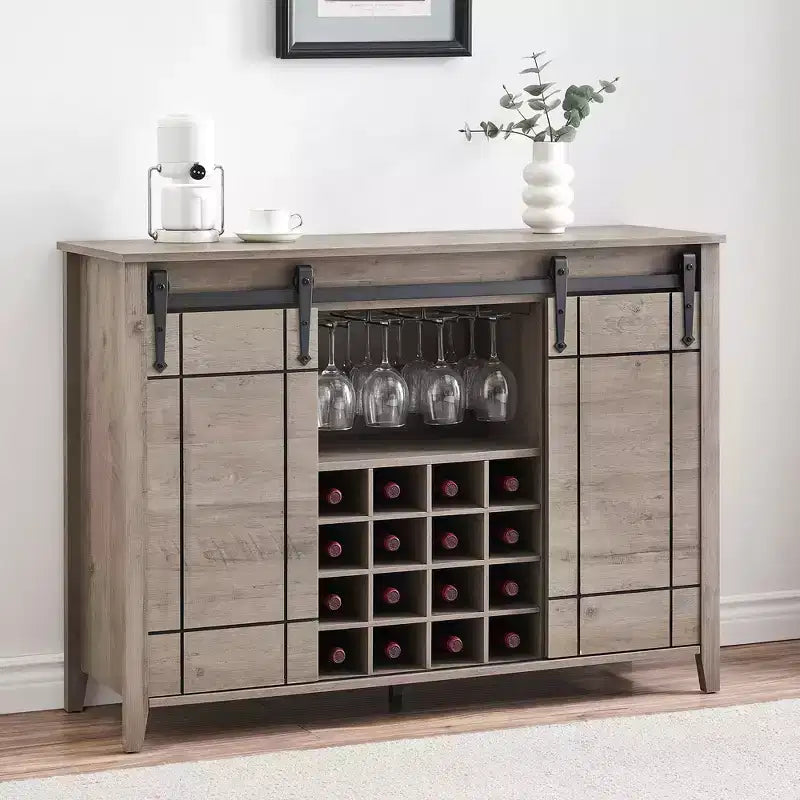 Farmhouse Sliding Barn Door Bar Cabinet with Wine & Glass Storage - 47 Sideboard Buffet & Coffee Station