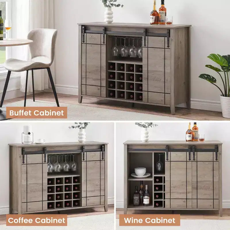Farmhouse Sliding Barn Door Bar Cabinet with Wine & Glass Storage - 47 Sideboard Buffet & Coffee Station