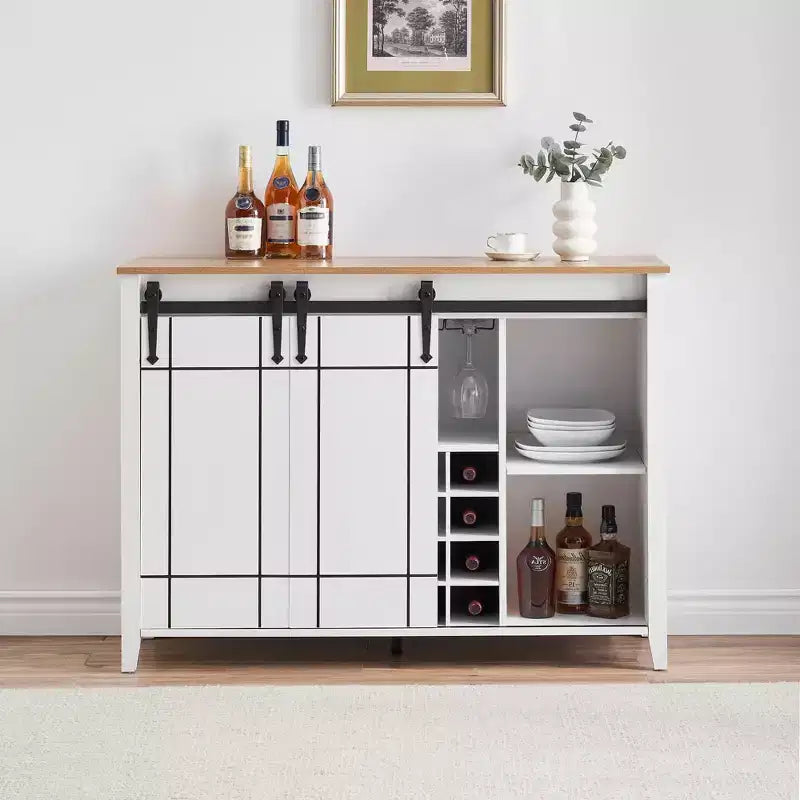 Farmhouse Sliding Barn Door Bar Cabinet with Wine & Glass Storage - 47 Sideboard Buffet & Coffee Station