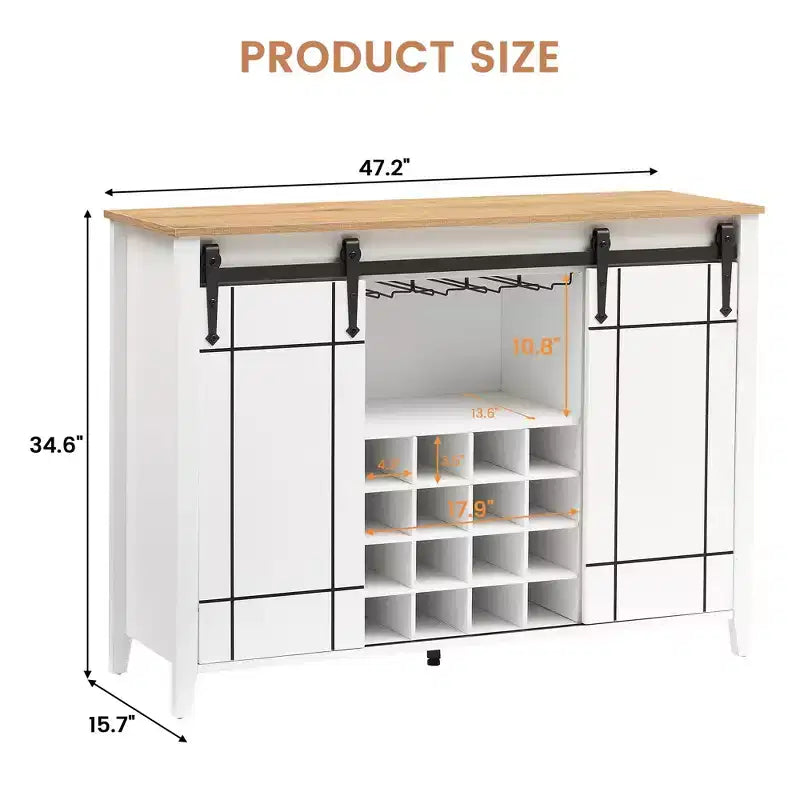 Farmhouse Sliding Barn Door Bar Cabinet with Wine & Glass Storage - 47 Sideboard Buffet & Coffee Station