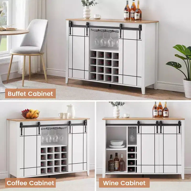 Farmhouse Sliding Barn Door Bar Cabinet with Wine & Glass Storage - 47 Sideboard Buffet & Coffee Station
