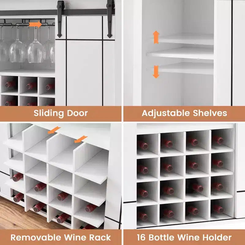 Farmhouse Sliding Barn Door Bar Cabinet with Wine & Glass Storage - 47 Sideboard Buffet & Coffee Station