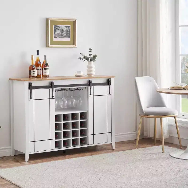 Farmhouse Sliding Barn Door Bar Cabinet with Wine & Glass Storage - 47 Sideboard Buffet & Coffee Station