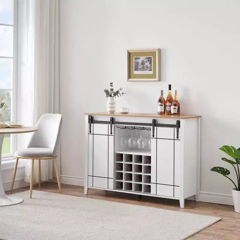 Farmhouse Sliding Barn Door Bar Cabinet with Wine & Glass Storage - 47 Sideboard Buffet & Coffee Station