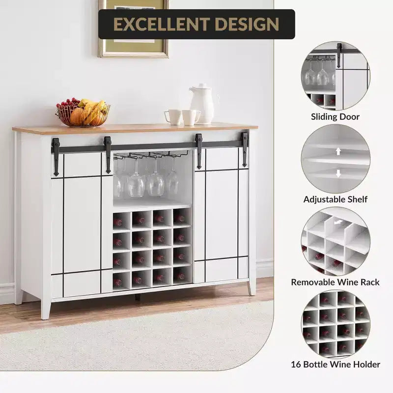 Farmhouse Sliding Barn Door Bar Cabinet with Wine & Glass Storage - 47 Sideboard Buffet & Coffee Station