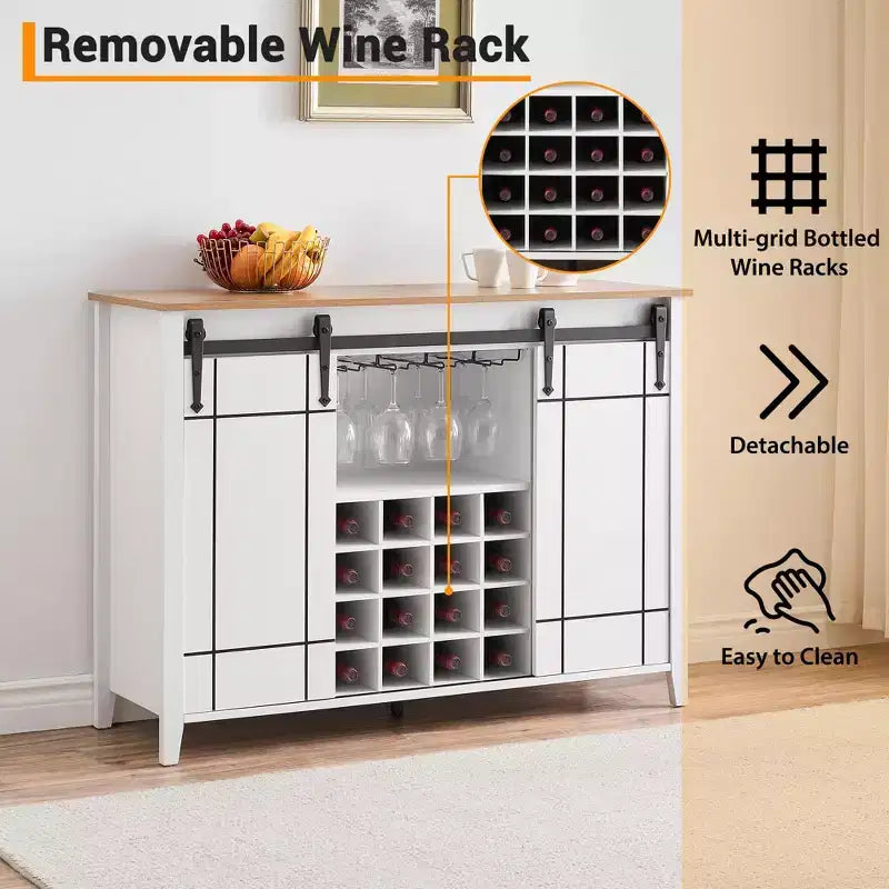 Farmhouse Sliding Barn Door Bar Cabinet with Wine & Glass Storage - 47 Sideboard Buffet & Coffee Station