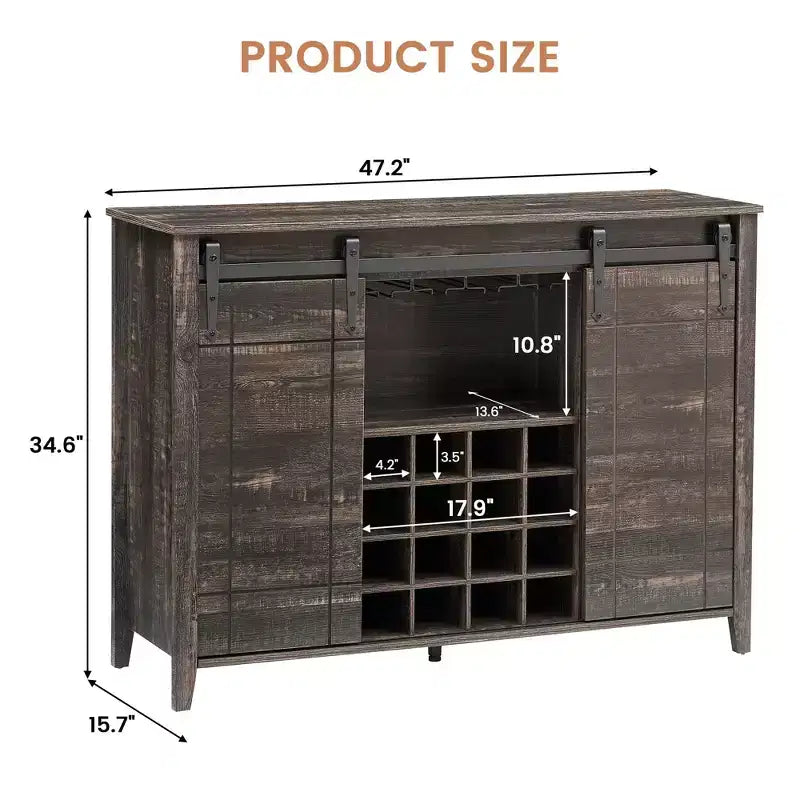 Farmhouse Sliding Barn Door Bar Cabinet with Wine & Glass Storage - 47 Sideboard Buffet & Coffee Station
