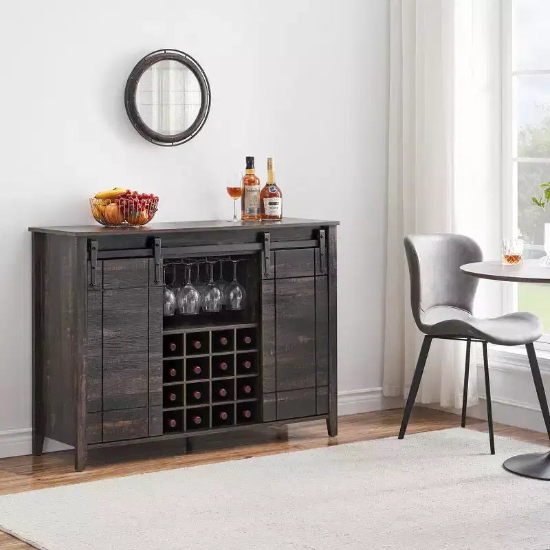 Farmhouse Sliding Barn Door Bar Cabinet with Wine & Glass Storage - 47 Sideboard Buffet & Coffee Station