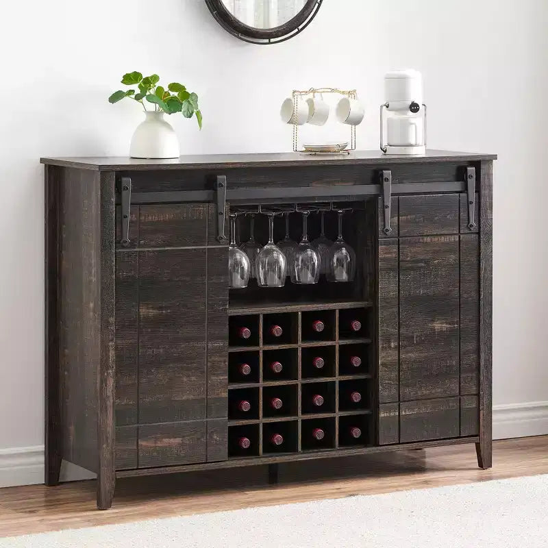 Farmhouse Sliding Barn Door Bar Cabinet with Wine & Glass Storage - 47 Sideboard Buffet & Coffee Station