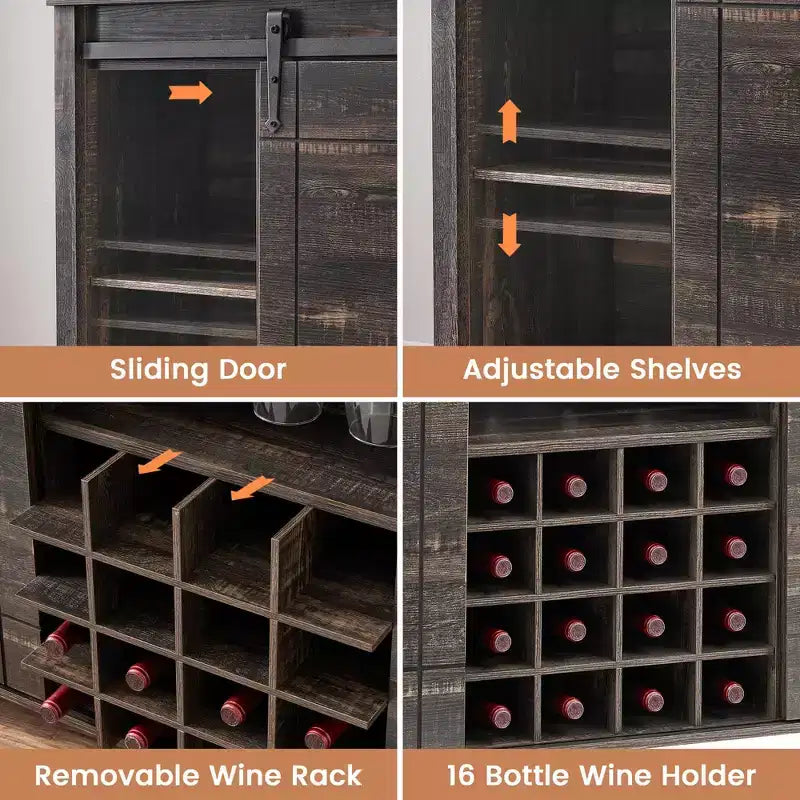 Farmhouse Sliding Barn Door Bar Cabinet with Wine & Glass Storage - 47 Sideboard Buffet & Coffee Station