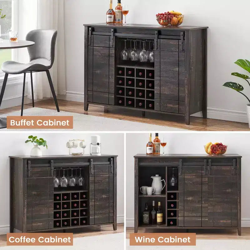 Farmhouse Sliding Barn Door Bar Cabinet with Wine & Glass Storage - 47 Sideboard Buffet & Coffee Station