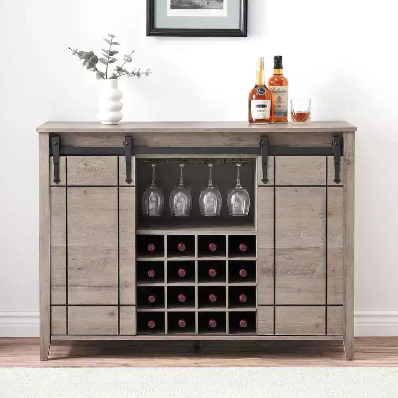Farmhouse Sliding Barn Door Bar Cabinet with Wine & Glass Storage - 47 Sideboard Buffet & Coffee Station